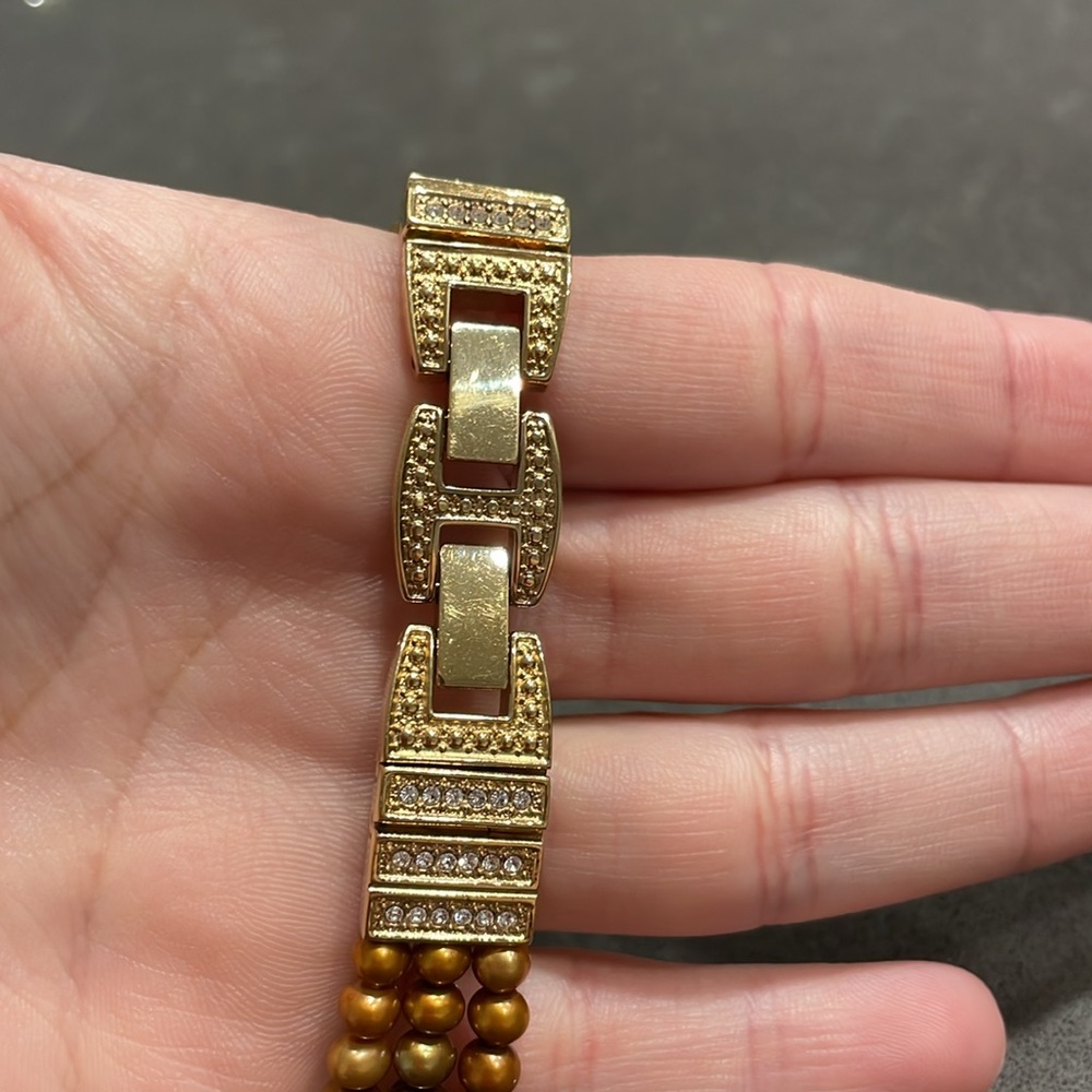 Gold Tone Three Strand Bracelet with Cultured Pearls and Rhinestones - Picture 13 of 16